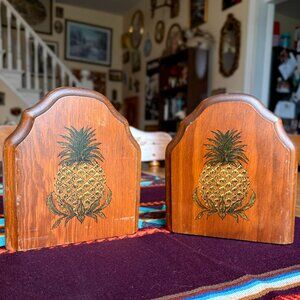 Set of 2 Vintage Solid Wood Pineapple Themed Bookends